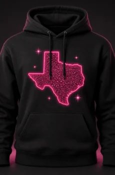 Black hoodie with a sparkling hot-pink Texas graphic concept mockup.