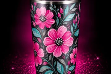 Black cup with hand-painted pink flowers and turquoise leaves concept mockup.