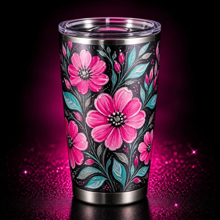 Black cup with hand-painted pink flowers and turquoise leaves concept mockup.