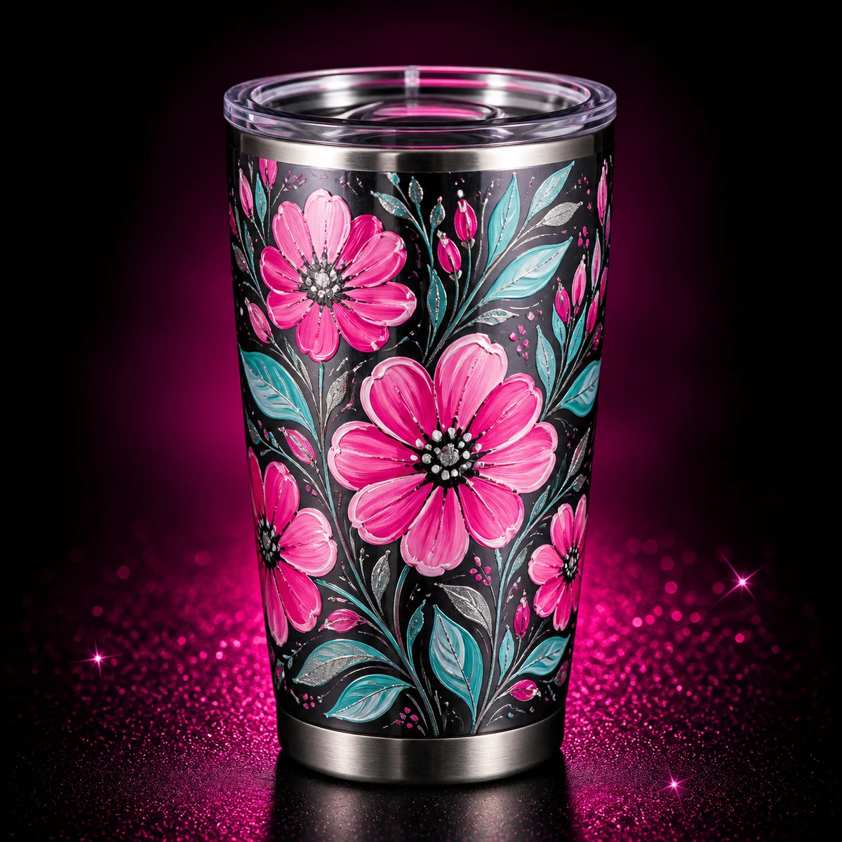 Black cup with hand-painted pink flowers and turquoise leaves concept mockup.