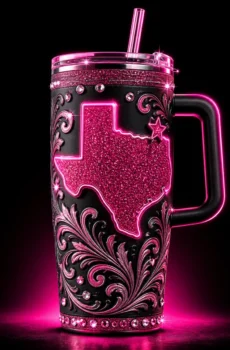 Black handled tumbler with hot-pink glitter Texas artwork concept mockup.