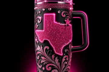 Black handled tumbler with hot-pink glitter Texas artwork concept mockup.