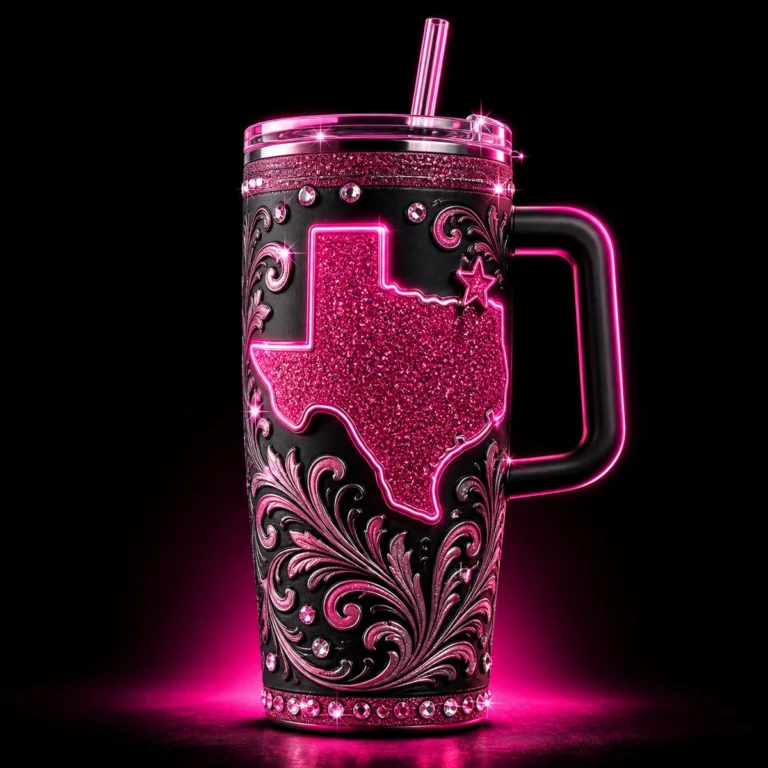 Black handled tumbler with hot-pink glitter Texas artwork concept mockup.