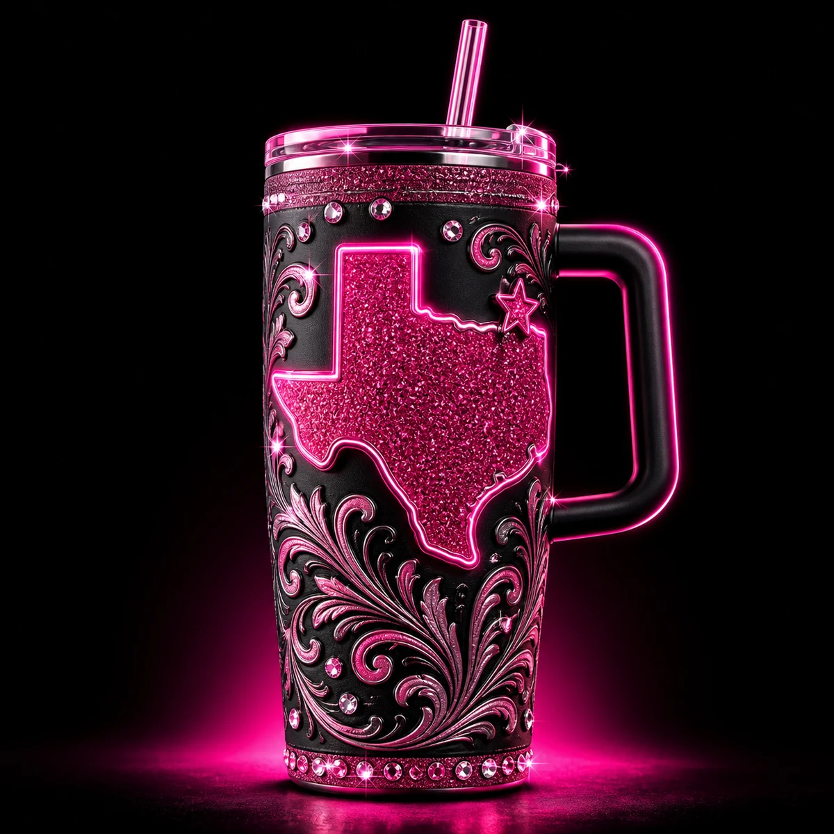 Black handled tumbler with hot-pink glitter Texas artwork concept mockup.