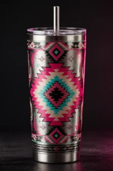 Brushed steel tumbler with pink and turquoise Southwest pattern concept mockup.