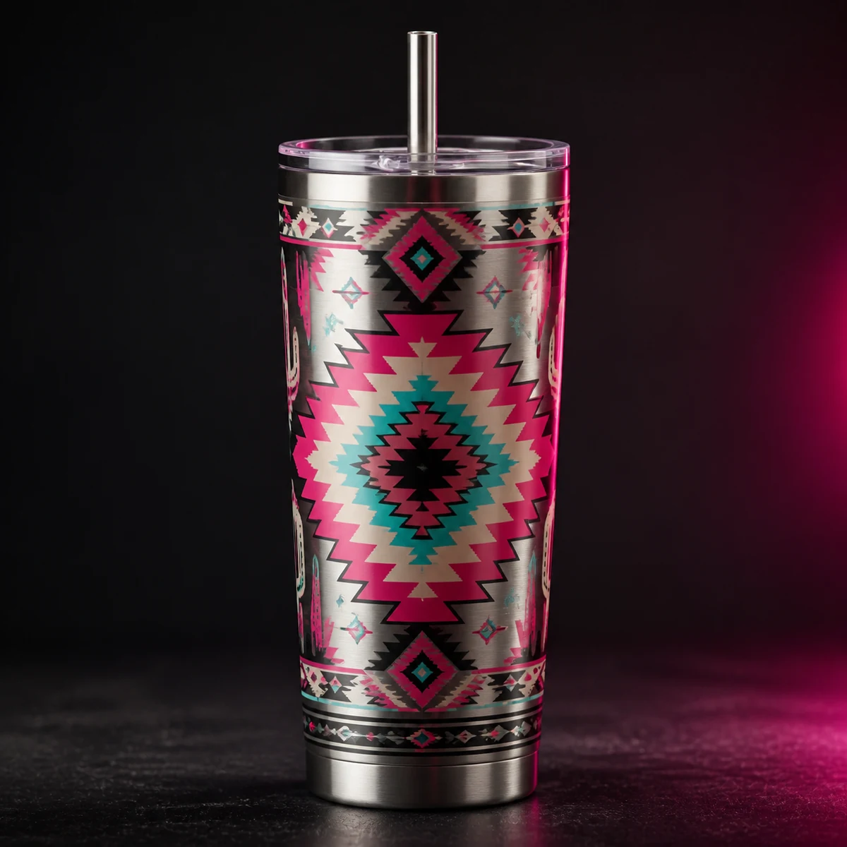 Brushed steel tumbler with pink and turquoise Southwest pattern concept mockup.