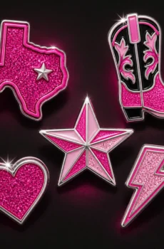Pink and silver Texas-themed icon pin set concept mockup.