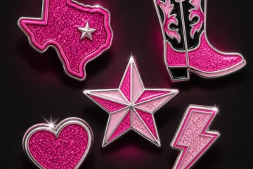 Pink and silver Texas-themed icon pin set concept mockup.