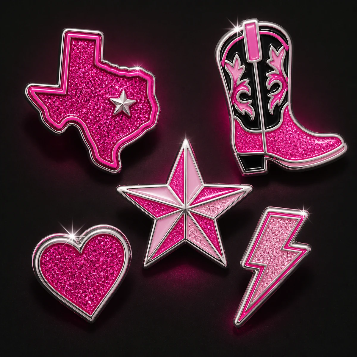 Pink and silver Texas-themed icon pin set concept mockup.
