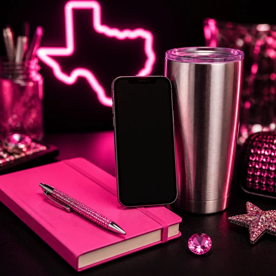 Sparkling Sassy Texan workspace with pink Western details and handmade cups.